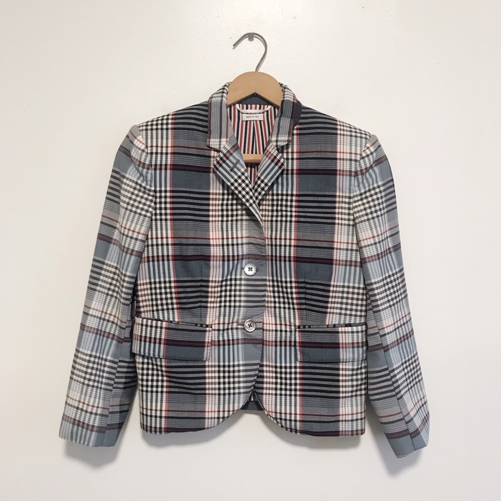 l - Thom Browne Cropped Plaid wool blazer coat